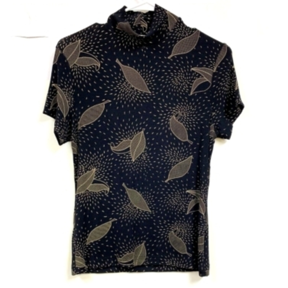 Vintage Frazier Lawrance Womens Black Short Sleeve Leaf Print Mockneck Top